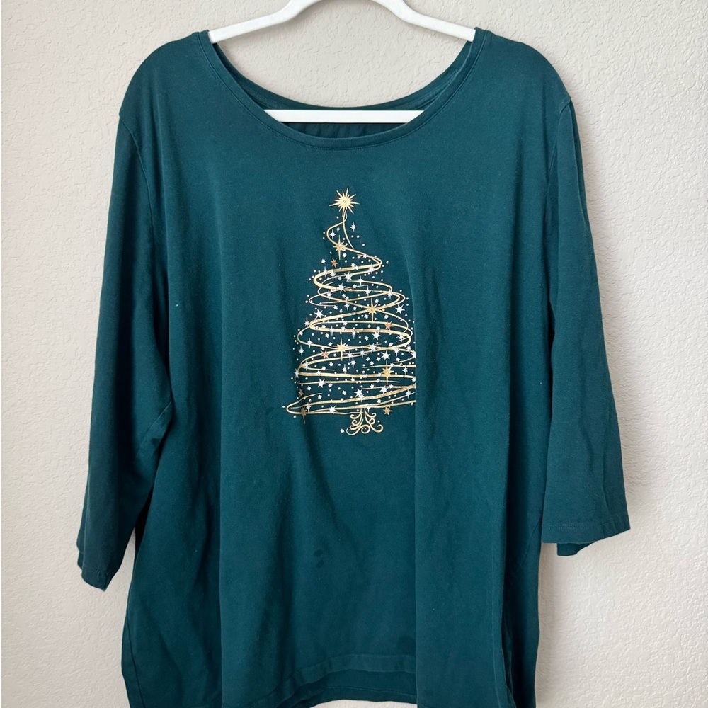 Catherines Teal 3/4 Sleeve Top with Gold Tree Graphic